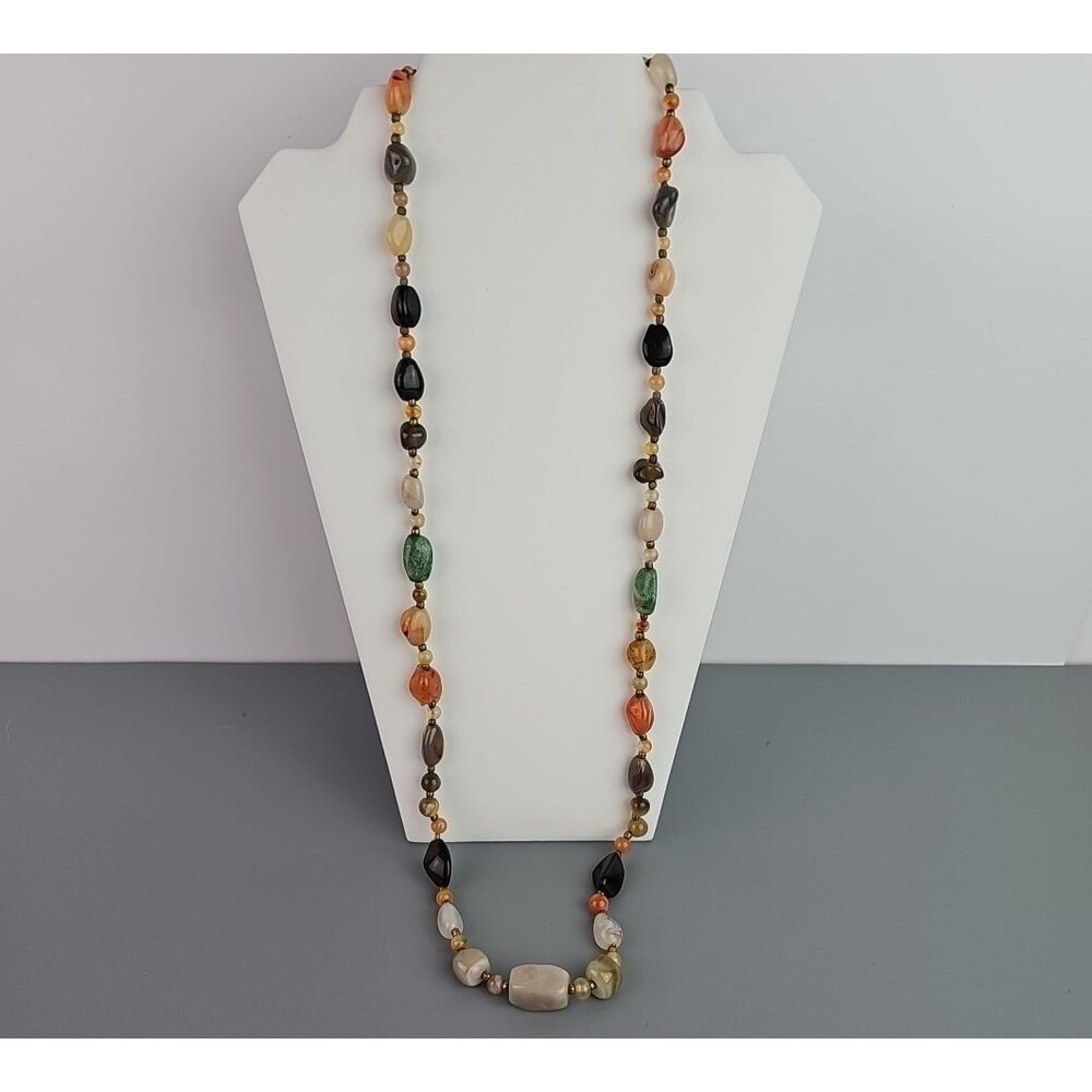 Vintage Beggars Bead Necklace Polished Stone Fall Colors Opera Length 36 Inch